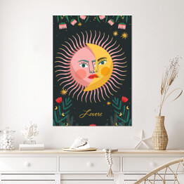 Plakat samoprzylepny Słońce i księżyc w kwiatach na tle gwiazd - mistyczna ilustracja