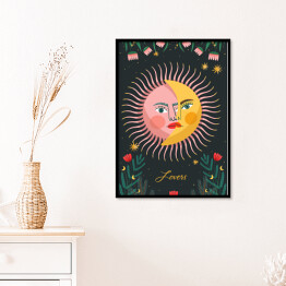 Plakat w ramie Słońce i księżyc w kwiatach na tle gwiazd - mistyczna ilustracja