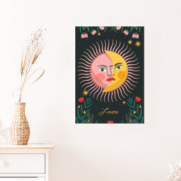 Plakat Słońce i księżyc w kwiatach na tle gwiazd - mistyczna ilustracja