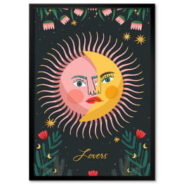 Słońce i księżyc w kwiatach na tle gwiazd - mistyczna ilustracja