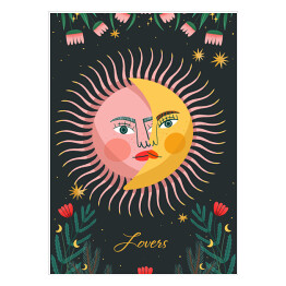 Plakat Słońce i księżyc w kwiatach na tle gwiazd - mistyczna ilustracja