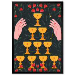 Plakat w ramie Kielichy i dłonie w kwiatach - mistyczna kolorowa ilustracja