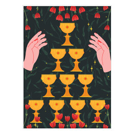 Plakat samoprzylepny Kielichy i dłonie w kwiatach - mistyczna kolorowa ilustracja