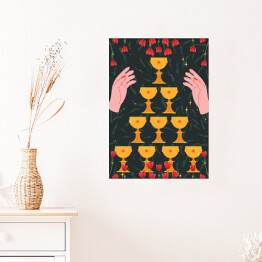 Plakat Kielichy i dłonie w kwiatach - mistyczna kolorowa ilustracja
