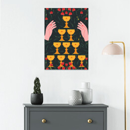 Plakat samoprzylepny Kielichy i dłonie w kwiatach - mistyczna kolorowa ilustracja