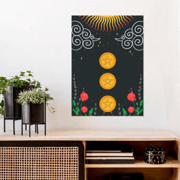 Plakat samoprzylepny Słońce, kwiaty i mistyczne symbole