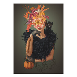 Plakat samoprzylepny Abstrakcyjny halloween kolaż sztuki młodej kobiety z kwiatami