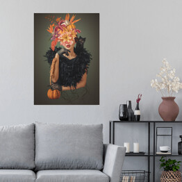Plakat samoprzylepny Abstrakcyjny halloween kolaż sztuki młodej kobiety z kwiatami