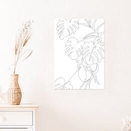 Plakat samoprzylepny Roślina monstera. Oneline art - minimalistyczny czarno biały rysunek 