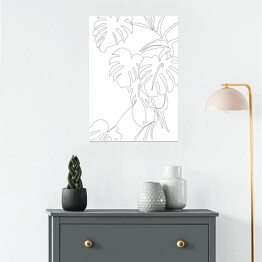 Plakat samoprzylepny Roślina monstera. Oneline art - minimalistyczny czarno biały rysunek 