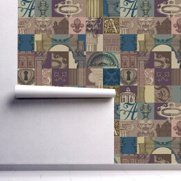 Tapeta samoprzylepna w rolce Abstrakcyjny spójny wzór na temat starożytnej architektury i sztuki. Kolorowe tło wektorowe w stylu vintage z ręcznie rysowanymi fragmentami architektonicznymi. Nadaje się na tapetę, papier pakowy lub projekt tkaniny