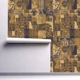 Tapeta w rolce Abstrakcyjny wzór spójny na temat starożytnej architektury i sztuki. Wielowarstwowe tło wektorowe w stylu vintage z ręcznie rysowanymi fragmentami architektury. Tapeta, papier pakowy lub projekt tkaniny