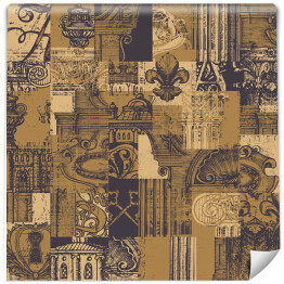 Tapeta winylowa zmywalna w rolce Abstrakcyjny wzór spójny na temat starożytnej architektury i sztuki. Wielowarstwowe tło wektorowe w stylu vintage z ręcznie rysowanymi fragmentami architektury. Tapeta, papier pakowy lub projekt tkaniny