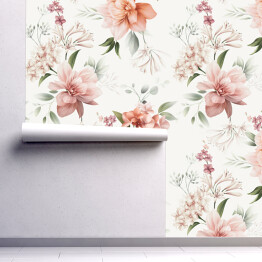 Tapeta samoprzylepna w rolce spójny wzór kwiatowy z kwiatami na letnim tle, ilustracja akwarelowa. Projekt szablonu dla tekstyliów, wnętrza, ubrania, tapety