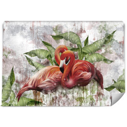 Fototapeta winylowa zmywalna Flamingi i liście tropikalnych roślin w zamglonej dżungli na tle imitującym marmur