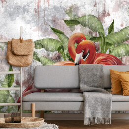 Fototapeta samoprzylepna Flamingi i liście tropikalnych roślin w zamglonej dżungli na tle imitującym marmur