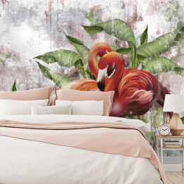 Fototapeta winylowa zmywalna Flamingi i liście tropikalnych roślin w zamglonej dżungli na tle imitującym marmur