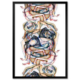 Plakat w ramie spójny wzór z zakrzywionymi ludźmi namalowanymi akwarelą. Ornament ze skręconych ludzkich ciał.
