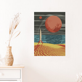 Plakat Styl retro przyszłości Ilustracja kosmiczna, rakieta kosmiczna, czerwona planeta, piasek i ocean 