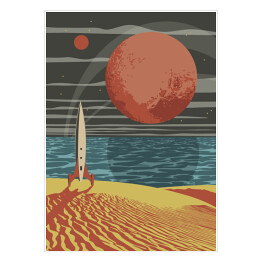 Plakat Styl retro przyszłości Ilustracja kosmiczna, rakieta kosmiczna, czerwona planeta, piasek i ocean 