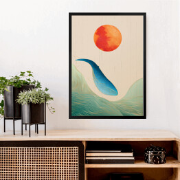 Obraz w ramie Stylowy plakat w stylu japońskim z falami i wielorybem złotych linii do dekoracji tekstyliów i mediów społecznościowych.