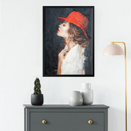 Obraz w ramie Portret kobiety w czerwonym kapeluszu. Malarstwo artystyczne