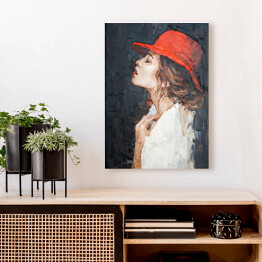 Obraz na płótnie Portret kobiety w czerwonym kapeluszu. Malarstwo artystyczne