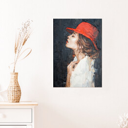 Plakat samoprzylepny Portret kobiety w czerwonym kapeluszu. Malarstwo artystyczne