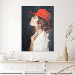 Plakat samoprzylepny Portret kobiety w czerwonym kapeluszu. Malarstwo artystyczne