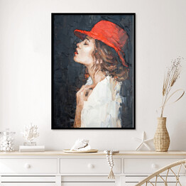 Plakat w ramie Portret kobiety w czerwonym kapeluszu. Malarstwo artystyczne