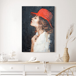 Obraz klasyczny Portret kobiety w czerwonym kapeluszu. Malarstwo artystyczne