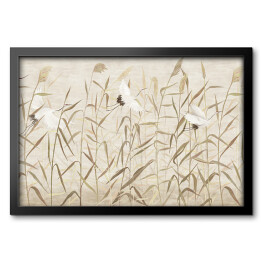 Obraz w ramie Bociany w locie wśród rysowanych wysokich traw 