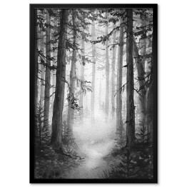 Plakat w ramie Czarno biały las we mgle