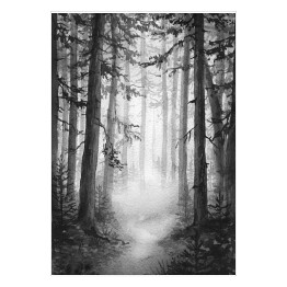 Plakat samoprzylepny Czarno biały las we mgle