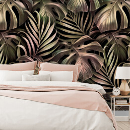 Fototapeta winylowa zmywalna Tropikalny spójny wzór z liśćmi palmowymi, liście monstery w złotym gradiencie różowym. Ręcznie rysowane ciemne vintage ilustracji 3D. Glamorous egzotyczne abstrakcyjne tło. Dobry dla luksusowych tapet, tkaniny