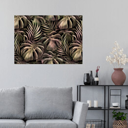 Plakat Tropikalny spójny wzór z liśćmi palmowymi, liście monstery w złotym gradiencie różowym. Ręcznie rysowane ciemne vintage ilustracji 3D. Glamorous egzotyczne abstrakcyjne tło. Dobry dla luksusowych tapet, tkaniny