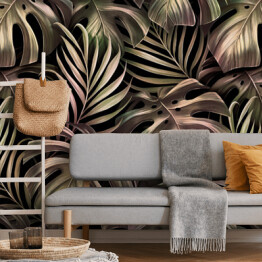 Fototapeta samoprzylepna Tropikalny spójny wzór z liśćmi palmowymi, liście monstery w złotym gradiencie różowym. Ręcznie rysowane ciemne vintage ilustracji 3D. Glamorous egzotyczne abstrakcyjne tło. Dobry dla luksusowych tapet, tkaniny