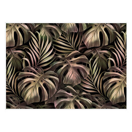 Plakat Tropikalny spójny wzór z liśćmi palmowymi, liście monstery w złotym gradiencie różowym. Ręcznie rysowane ciemne vintage ilustracji 3D. Glamorous egzotyczne abstrakcyjne tło. Dobry dla luksusowych tapet, tkaniny