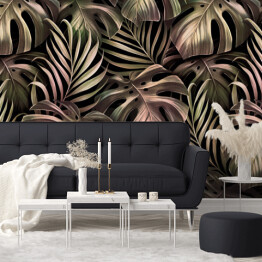 Fototapeta samoprzylepna Tropikalny spójny wzór z liśćmi palmowymi, liście monstery w złotym gradiencie różowym. Ręcznie rysowane ciemne vintage ilustracji 3D. Glamorous egzotyczne abstrakcyjne tło. Dobry dla luksusowych tapet, tkaniny