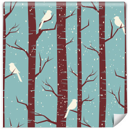 Tapeta winylowa zmywalna w rolce Zimowy las z brzozami i ptakami na gałęziach