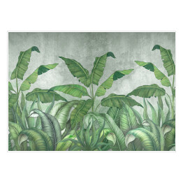 Plakat Tropikalne liście na szarym tle. Fototapeta z liśćmi. Fresk do wnętrza. Dekoracja ścienna w stylu grunge. Malowane zielone liście. Fototapety 3d.