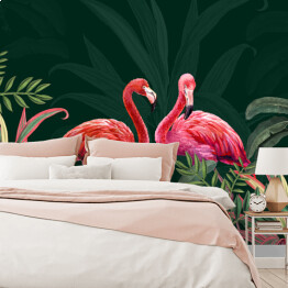 Fototapeta samoprzylepna Fototapeta z liśćmi tropikalnymi. Fototapeta. Sztuka ścienna dekoracja do sypialni Fototapeta. Rysunek z tropikalnymi liśćmi i różowymi flamingami.