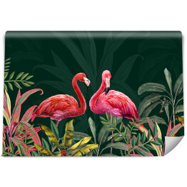 Fototapeta Fototapeta z liśćmi tropikalnymi. Fototapeta. Sztuka ścienna dekoracja do sypialni Fototapeta. Rysunek z tropikalnymi liśćmi i różowymi flamingami.