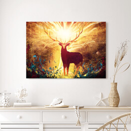 Obraz na płótnie art with a magical forest deer with big golden horns, she stands in a clearing with flowers, behind him a huge tree glowing with yellow divine light. 2d illustration
