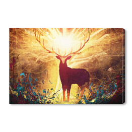 Obraz na płótnie art with a magical forest deer with big golden horns, she stands in a clearing with flowers, behind him a huge tree glowing with yellow divine light. 2d illustration