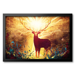 Obraz w ramie art with a magical forest deer with big golden horns, she stands in a clearing with flowers, behind him a huge tree glowing with yellow divine light. 2d illustration