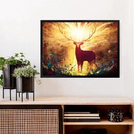 Obraz w ramie art with a magical forest deer with big golden horns, she stands in a clearing with flowers, behind him a huge tree glowing with yellow divine light. 2d illustration