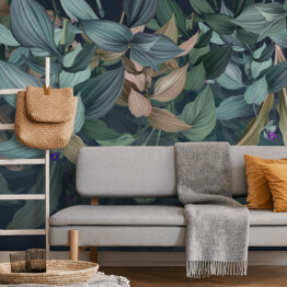 Fototapeta winylowa zmywalna Malowane wiszące tropikalne trawy dżungli - akwarela na tle imitacji tekstury betonu