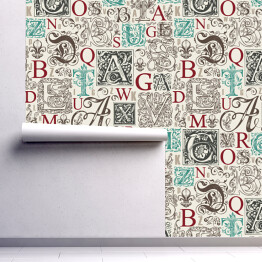 Tapeta samoprzylepna w rolce Wektorowy spójny wzór z ręcznie rysowanymi początkowymi i wielkimi literami na starym papierowym tle. Powtarzające się tło z literami alfabetu. Nadaje się do tapety, papieru pakowego lub projektowania tkanin
