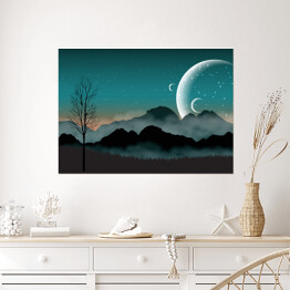 Plakat Nocne niebo, zarys gór i blisko położone planety